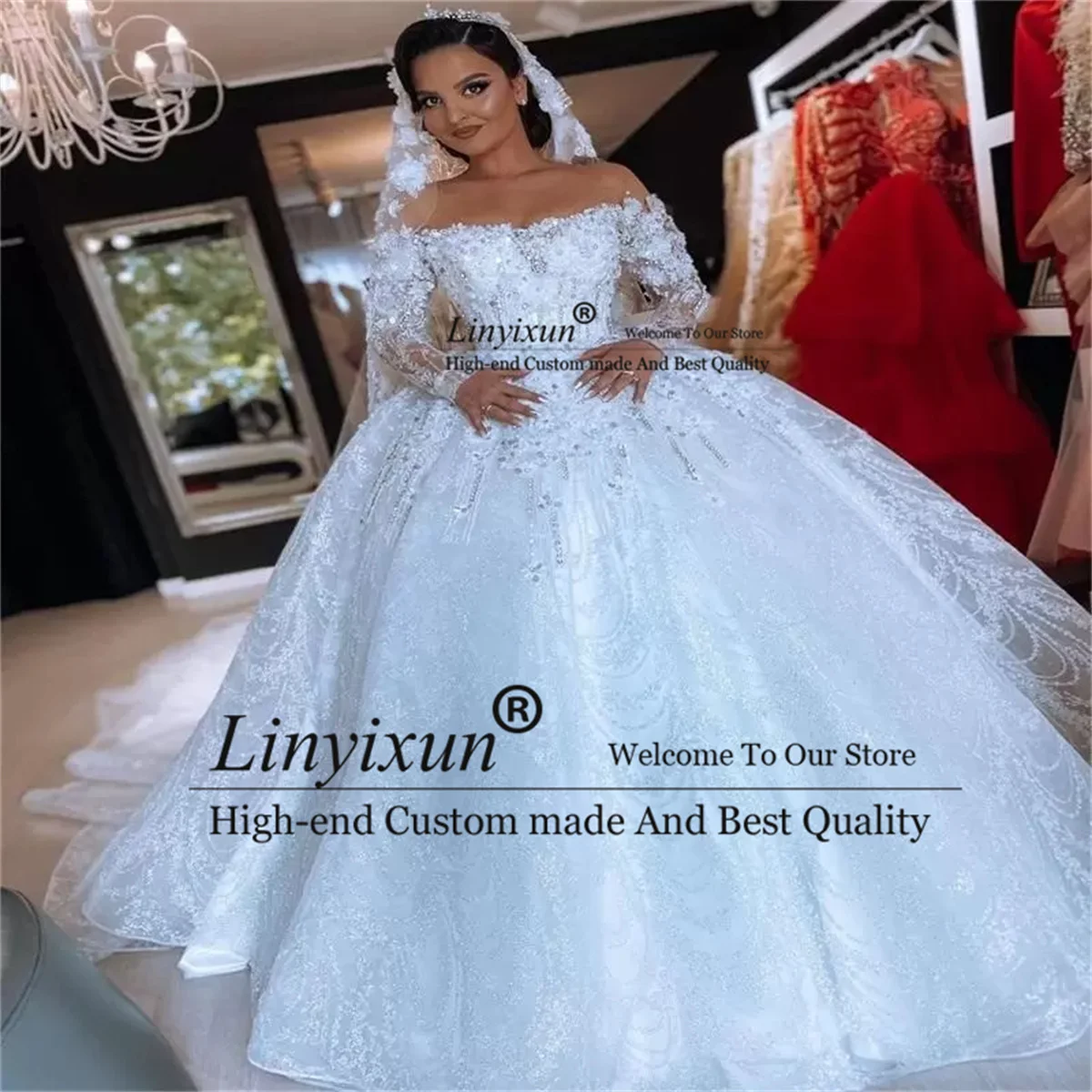 Luxus Kristall Ballkleid Hochzeit Kleid Bateau Neck Glitter Perlen Spitze Appliques Brautkleider Prinzessin Dubai Vestido de Novia