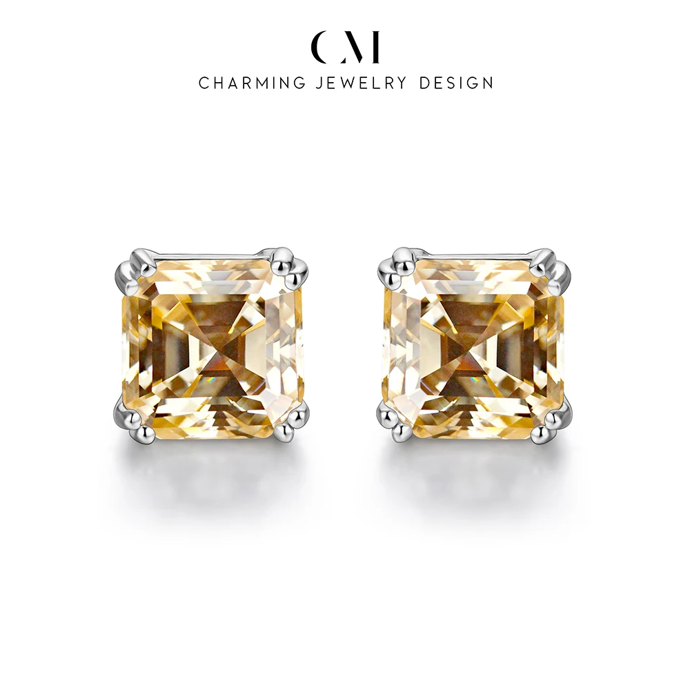 CHARMING Asscher Cut Yellow Moissanite Earring 925 Sterling Silver for Women Dinner Party Gift Daily Jewelry Wedding Anniversary