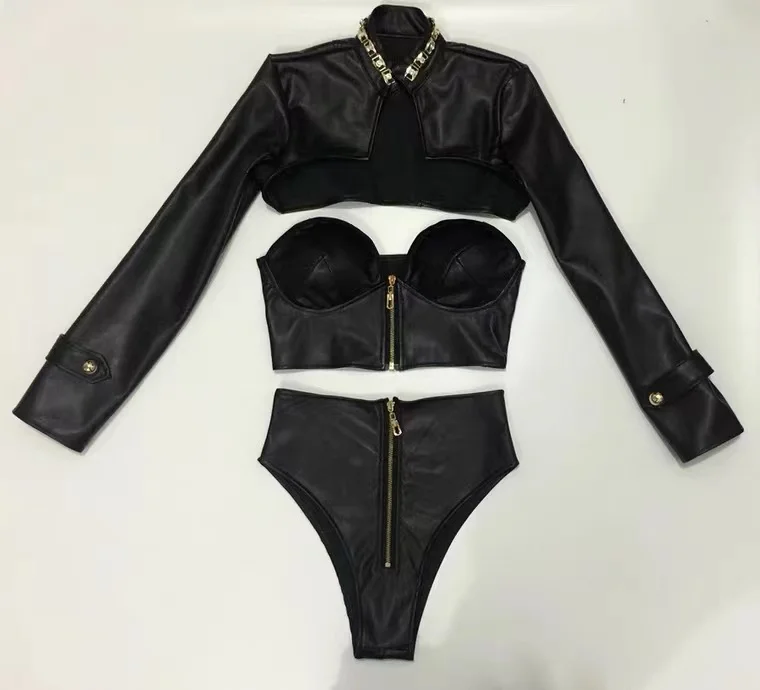 

Female PU Leather Coat Bra Shorts Performance Clothes Jazz Hip Hop Dance Costumes Nightclub Party Singer Teams Outfit