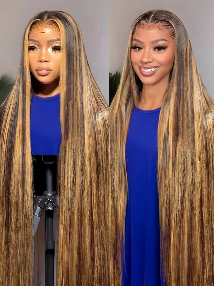

30 36Inch Bone Straight Highlight Wig Human Hair Ombre 13x6 HD Lace Frontal Human Hair Wigs Honey Blonde Colored Wigs For Women