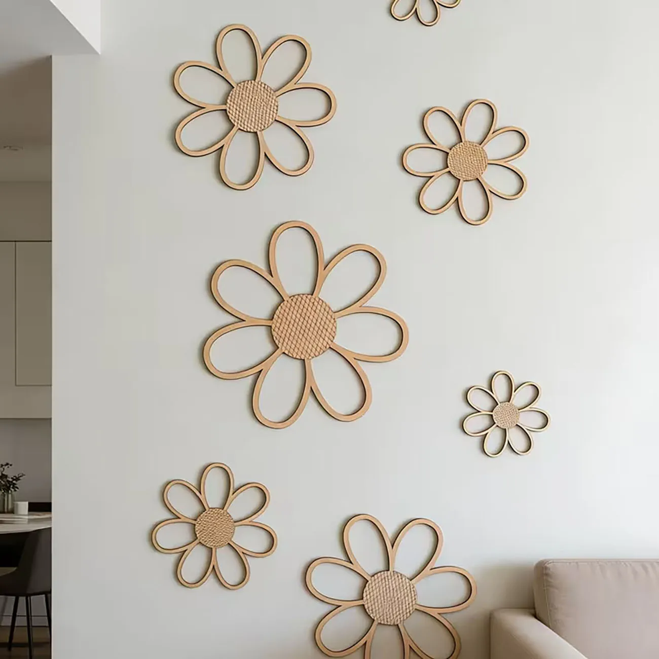7PCS Boho Wooden Daisy Wall Decor, Natural Hollow Flower Cutouts for Nursery Bedroom, with Nano Tape