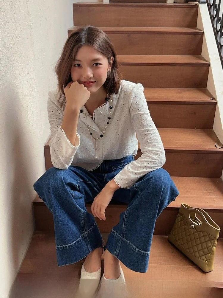 

Куртка-жакет Ohmyop "YuLong White Tea" с цветочной вышивкой, хлопковая, классическая, устойчивая к сминанию, для женщин