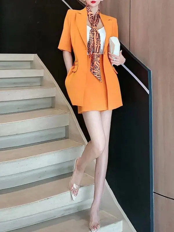 

Новый роскошный летний комплект из двух предметов, женский пиджак с короткими рукавами и лацканами + мини-юбка, однотонный элегантный костюм