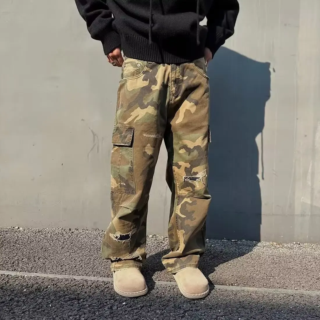 

Камуфляжные рабочие брюки для мужчин и женщин, свободный крой, прямые повседневные брюки, осенние износостойкие повседневные брюки с нашивкой для работы с отверстиями