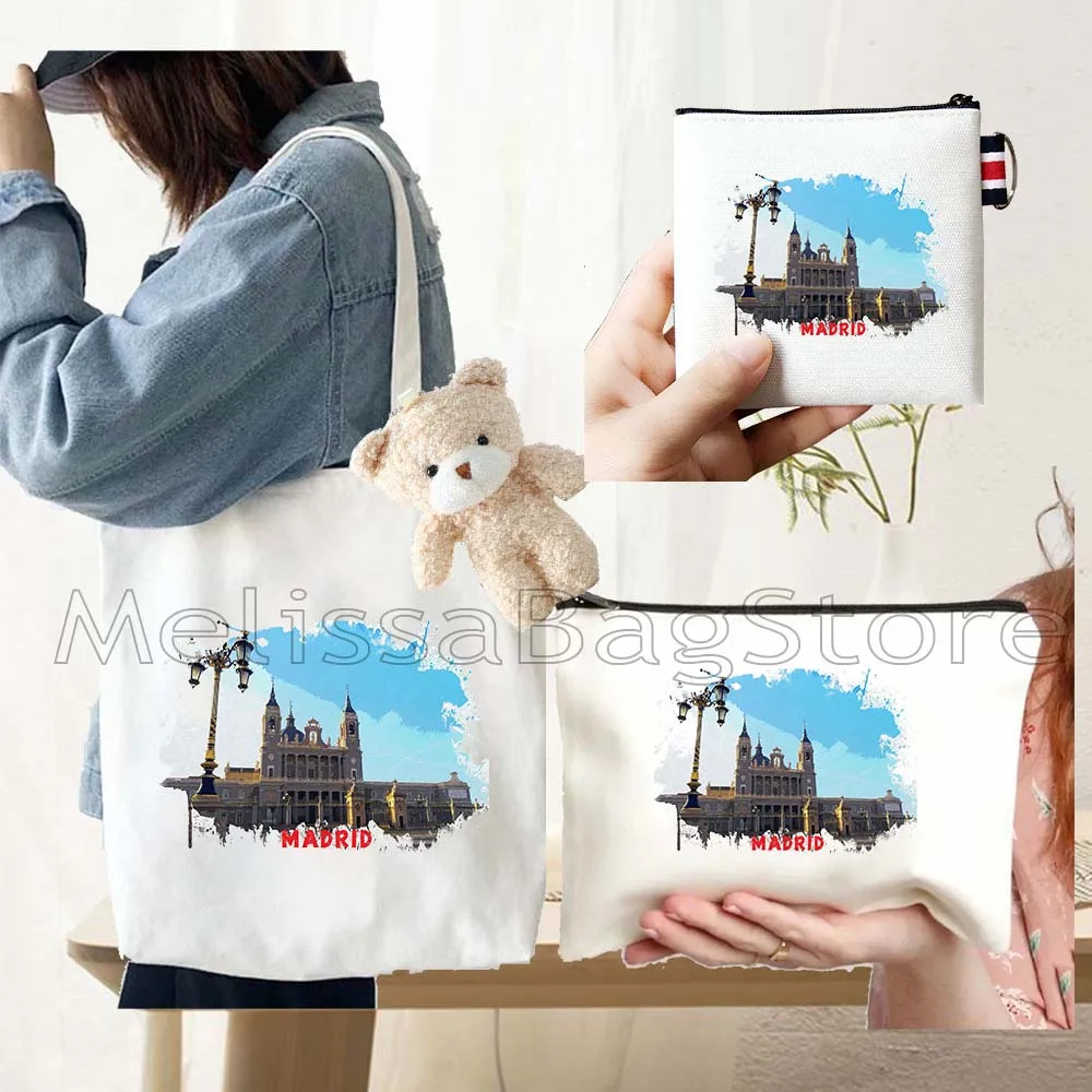 4PCS Gifts Set Madrid Spain White Canvas Tote Bag Handbag with Doll Key Coin Purse Cosmetic Makeup Toilet Bag Case Pouch