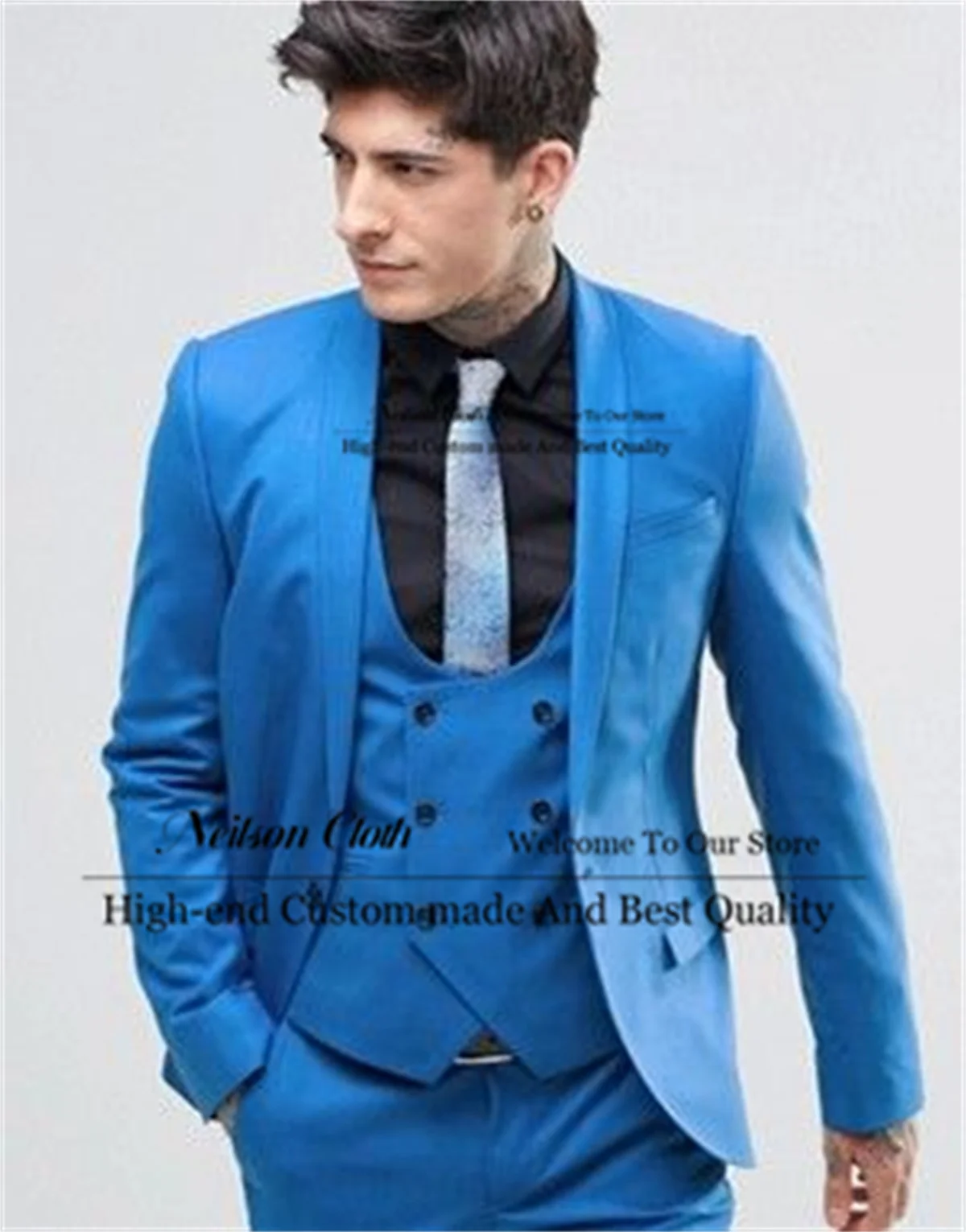 

Formal One Button Male Prom Blazers Blue 3 Pieces Sets Groom Wedding Tuxedos For Men Customized Shawl Lapel Terno Masculino