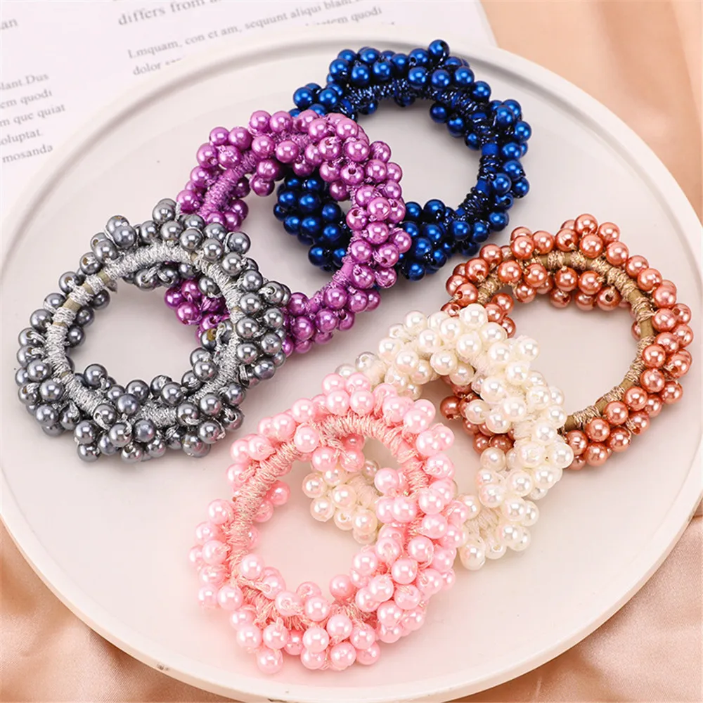 6 couleurs femme élégant perle cheveux cravates mode perles chouchous bandes de caoutchouc porte-queue de cheval accessoires de cheveux