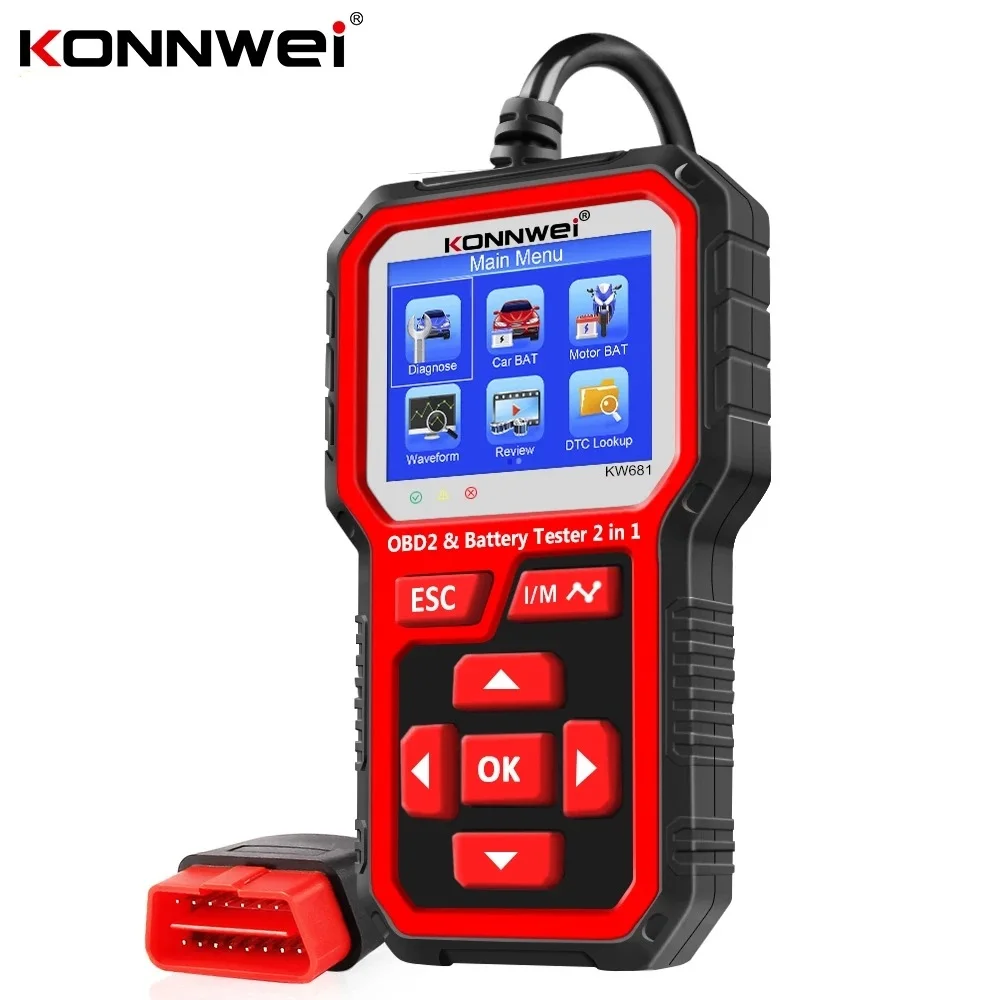 Car Motorcycle Battery Tester KW681 Full OBD2 Scanner Diagnostic for 6V 12V Battery 2000 CCA Car OBD2 Scanner Cranking Charging