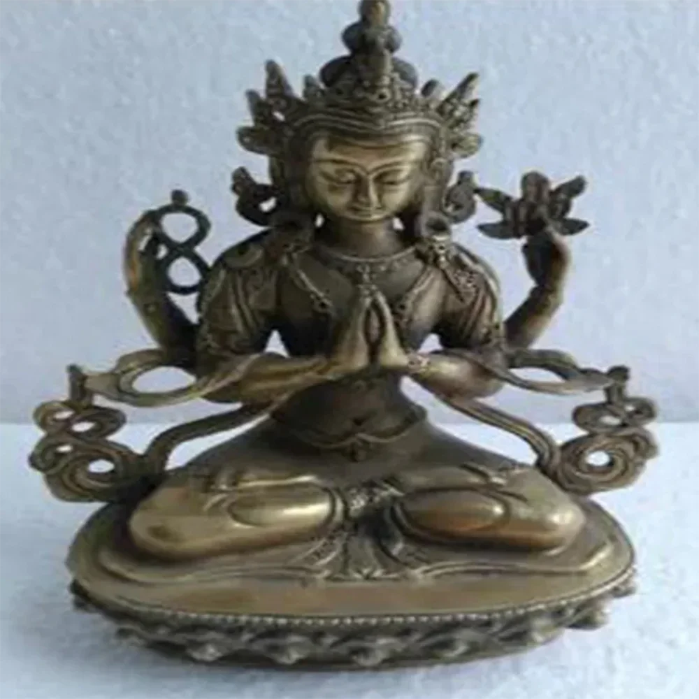 Chenrezig 4 arms armed Kwan-yin Buddha Pure Bronze Lucky Bodhisattva Tara Statue