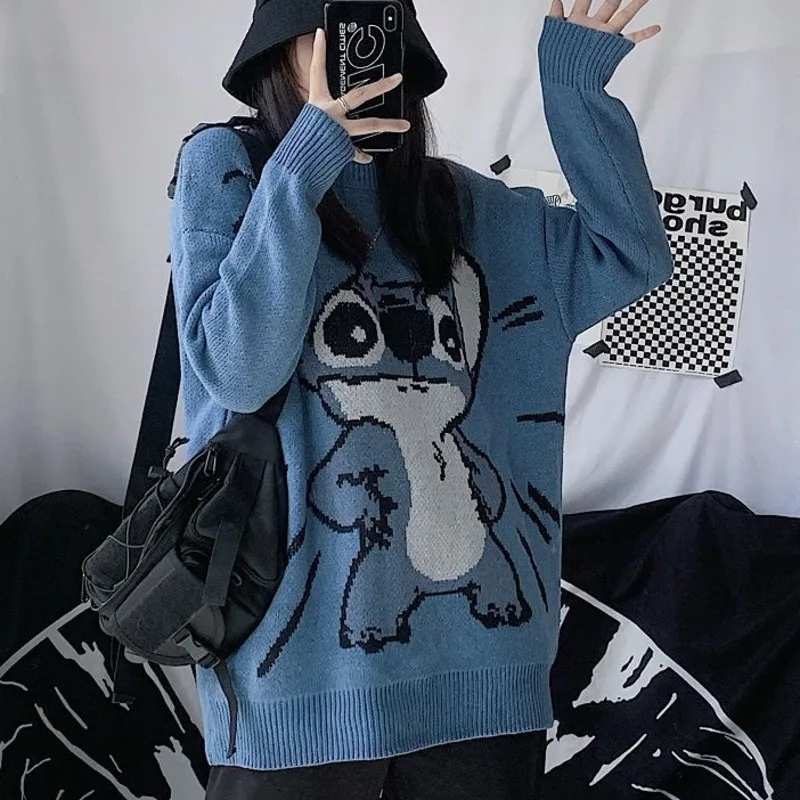 Autumn and Winter Korean New Stitch Knitted Pullovers Cartoon Loose Sweater Women Harajuku Couple Bf Style Knitwear Clothes