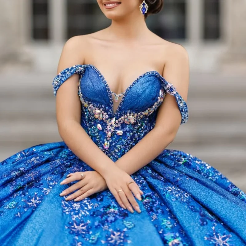 

Shiny dark blue Quinceanera Dress glitter flower crystal Decal Lace Long tail Vestidos De 15 Quinceanera ﻿Customize