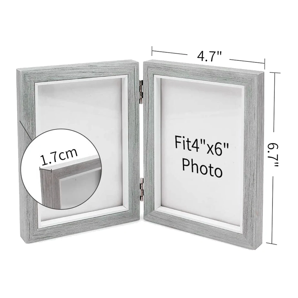 Double Picture Frame 4X6in Rustic Grey Photo Frames Wooden Hinged Folding,Wedding Gifts,Mother's Father's Day PresentT99C