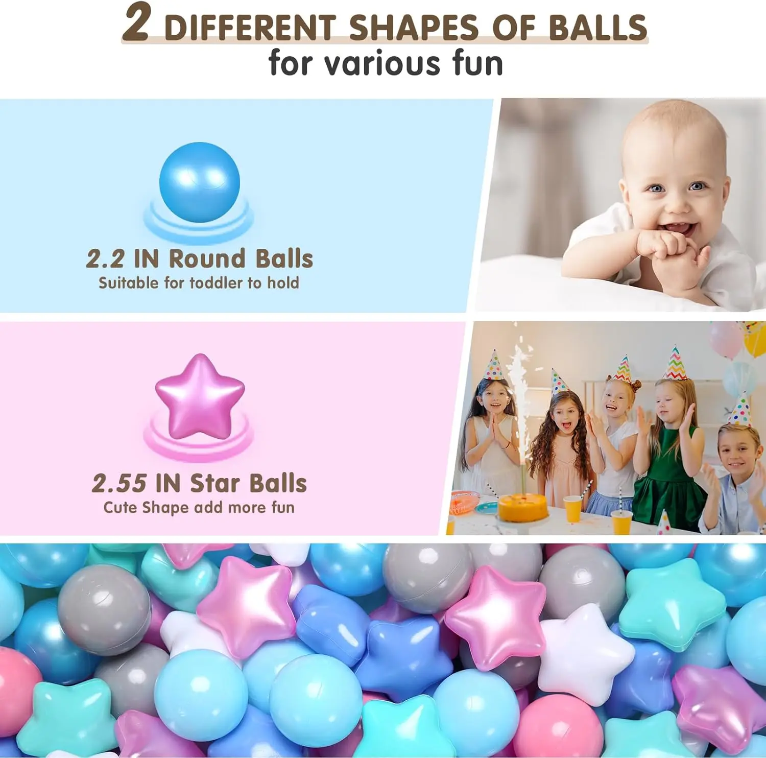 Ball Pit Balls 100 perles rose vert bleu blanc, formes d'étoiles pour bébés enfants parc boules en plastique pour boules de jeu de piscine à balles