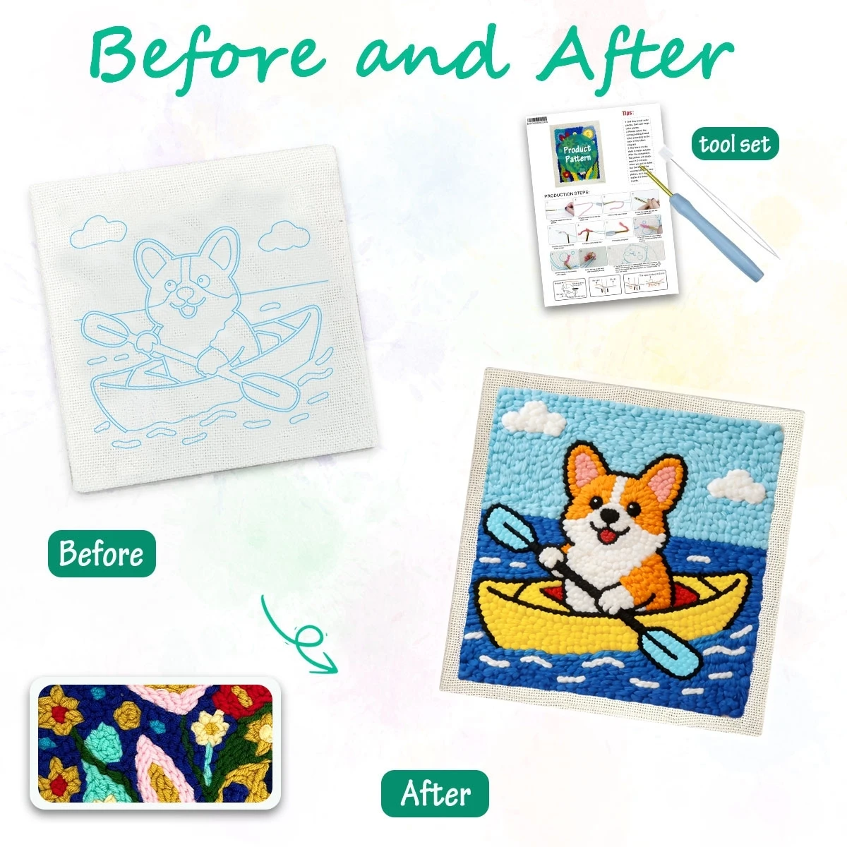 1 Set Corgi-Kajak-Stickerei-Set für Anfänger, Stick-Starter-Kit, Kreuzstich-Kunstgeschenk, Handarbeits-Bastelset – Detail 1