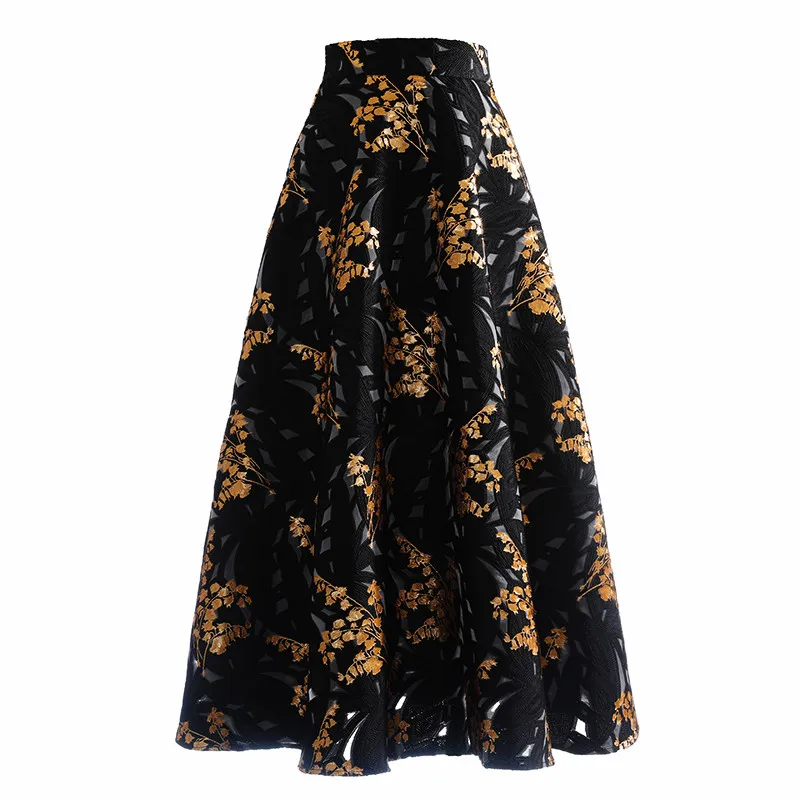 High Quality Vintage Gold Jacquard Ultra Long Umbrella Skirt New Spring Autumn High Waist Embroidery Hollow Out A-line Skirts