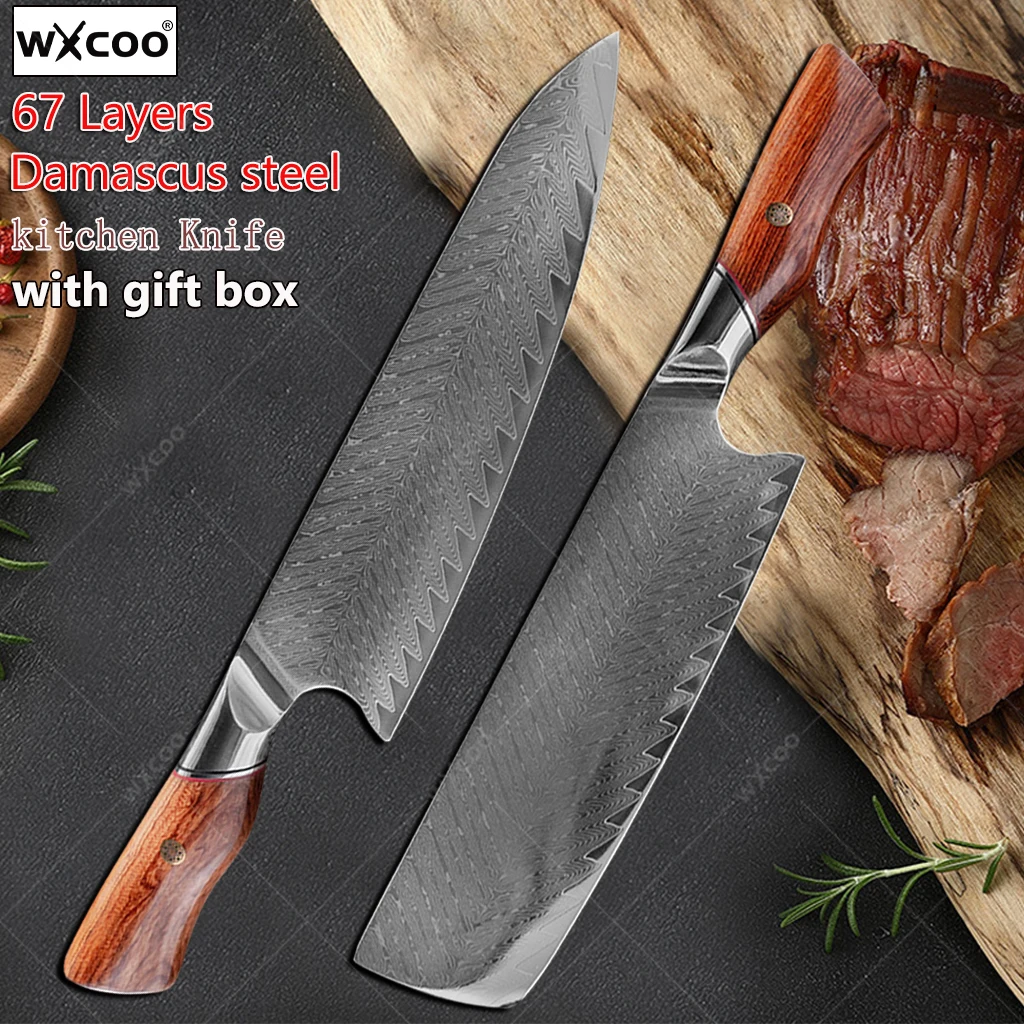 

WXCOO VG10 Stainless Steel Kitchen Knife 67-layer Damascus Steel Chef Knife Cooking Knife Slicing Meat Cleaver with Gift Box