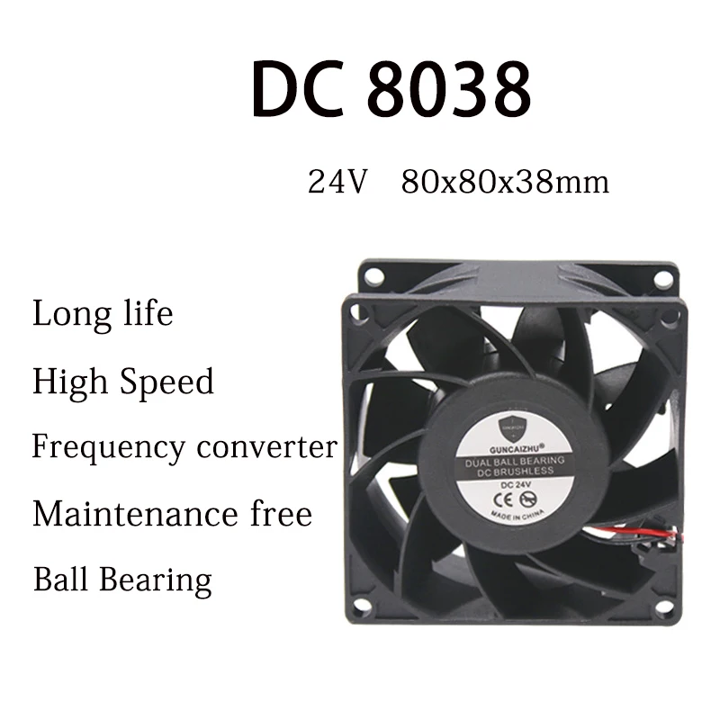 

NEW DC 8038 Cooling Fan 24V 80x80x38MM Maintenance Free Ball Bearing Frequency Converter 5800RPM 0.5A With 2pin