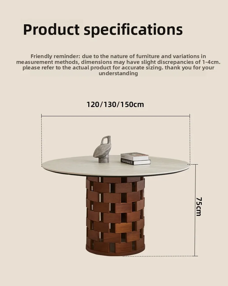 Tavolo da pranzo medievale in legno massello con lastra di roccia travertino, tavolo rotondo in marmo