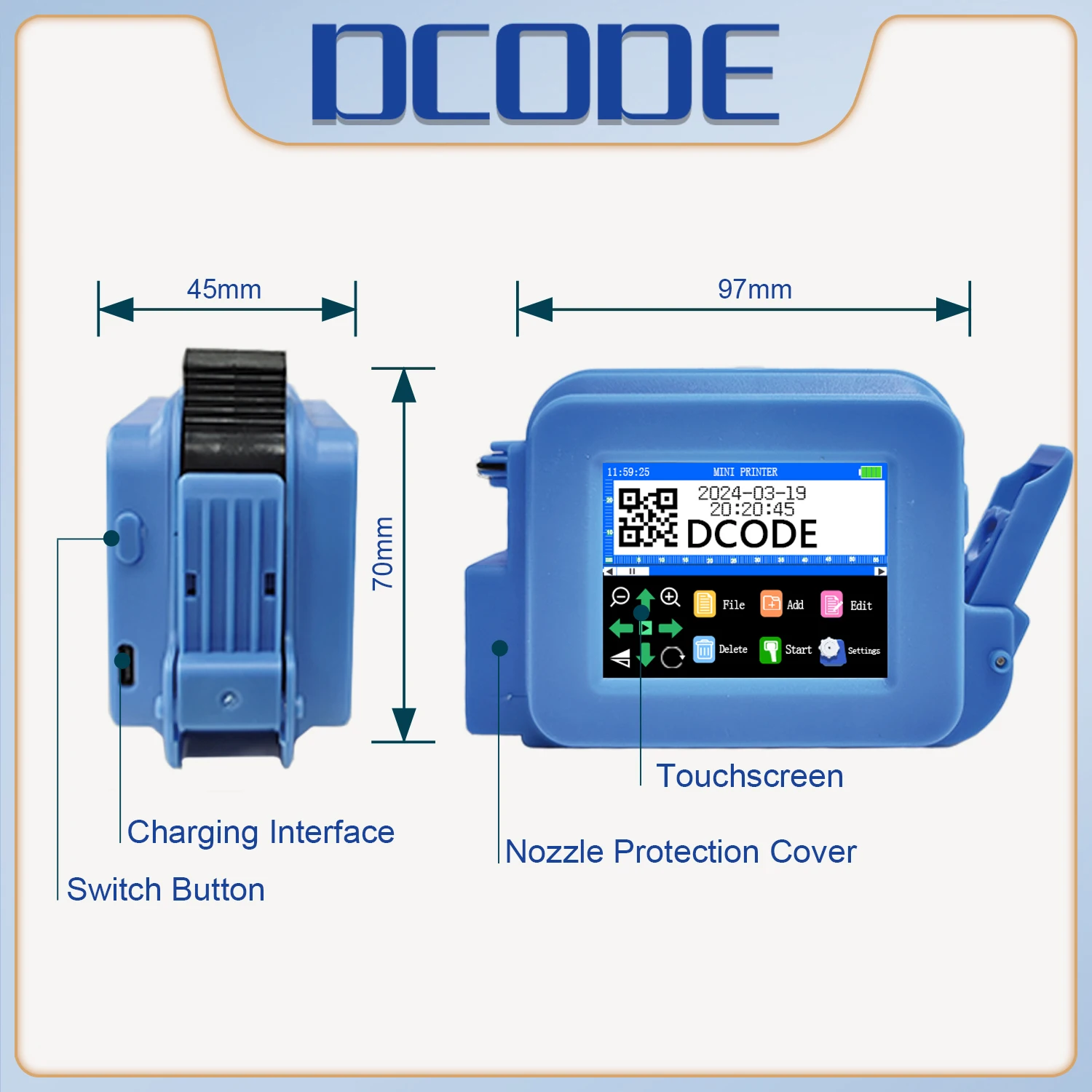 Imagem -05 - Dcode-mini Portátil Inkjet Impressora Térmica Label Coder Texto qr Barcode Image Número do Lote Logo Data Azul Xmini 127 Milímetros