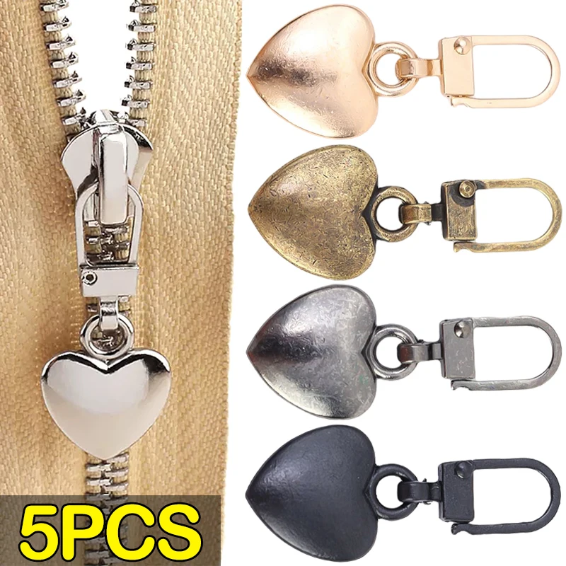 5/1PCS Zippers Puller Head Heart Shape Detachable Metal Zipper Slider Repair Kits for Bags Backpack Coat Sewing Zipper Pull Tab