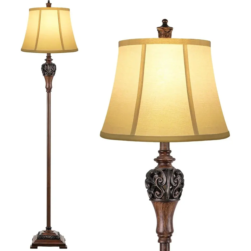 

Vintage Floor Lamp for Living Room, Traditional Tall Standing Lamp with Antique Pole, Bedroom Reading Lamp with White Fabric Sha