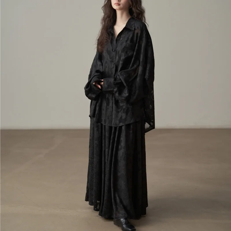 KWTX 2025 Nieuwe Vintage Getextureerde Jacquard Blouse & Midi Rok Set Vrouwen Lente Zomer Bloemen Kant Elegant Office Casual Outfit