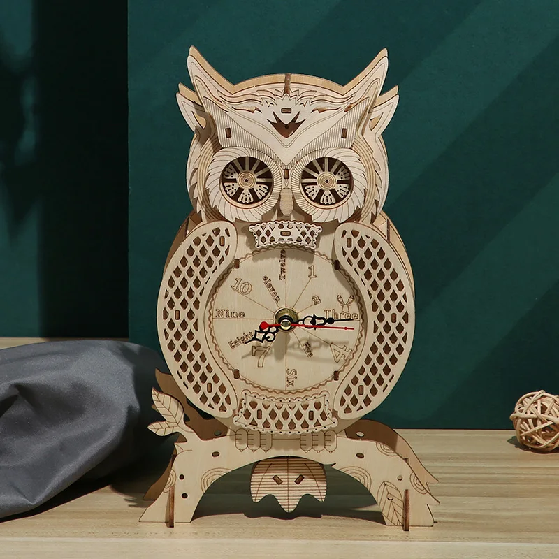 DIY 3D Wooden Owl Clock Miniature Model Kits Assembled Jigsaw Puzzles for Children Birthday Educational Gifts Home Decoration