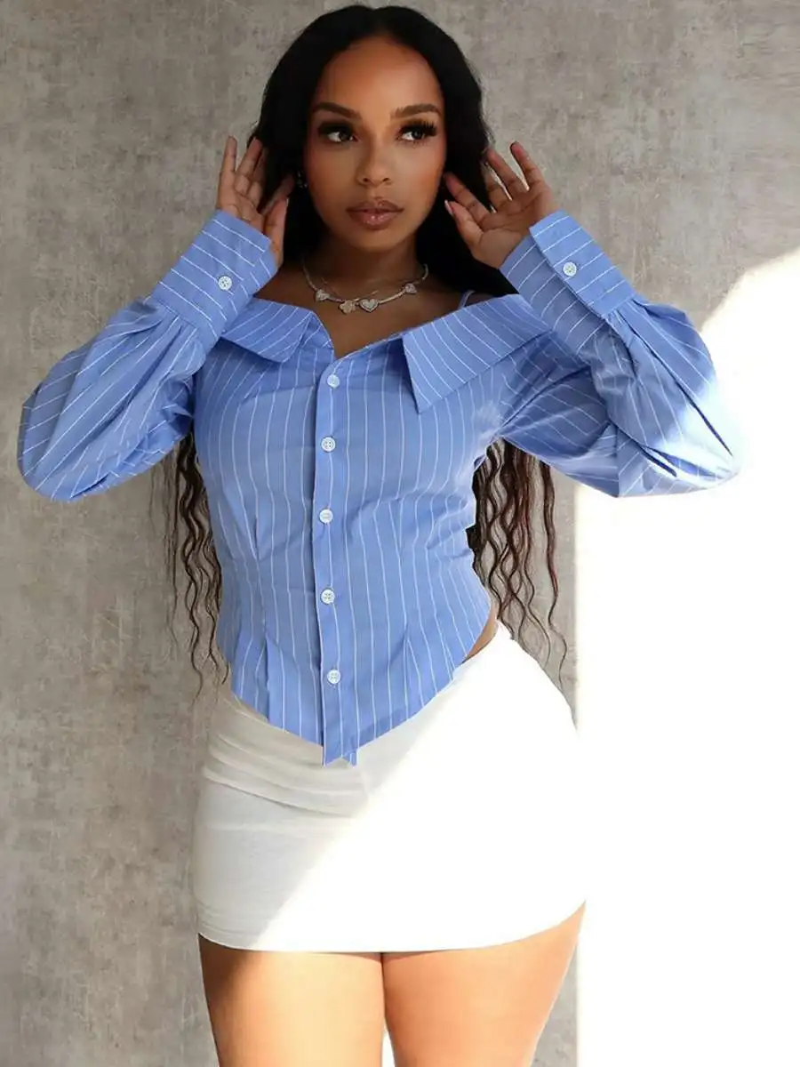 

Женская модная облегающая рубашка с открытыми плечами для офиса, универсальная, с длинным рукавом, в полоску, для трансграничной торговли