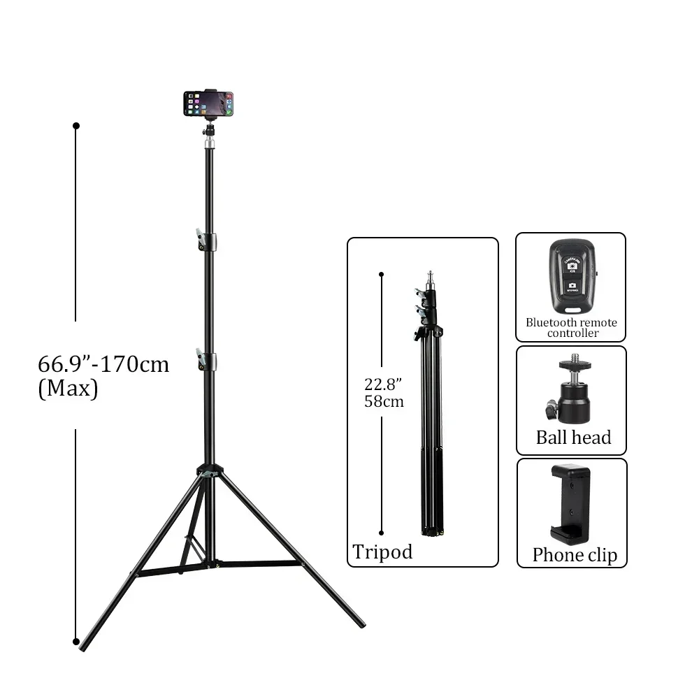 Lichtstativ für Telefonständer mit Clip, Bluetooth-Controller, 100/150/200 cm Selfie-Stativ, Aluminiumhalterung, Digitalkamera-Stativ