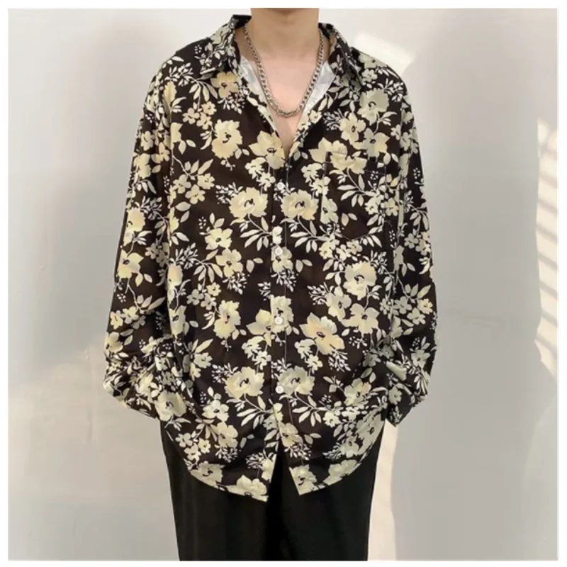 Fashion Street Clothing Retro Hong Kong Flower Shirt Loose Luxury Spring and Autumn Long Sleeve Couple Shirt Men's C0024