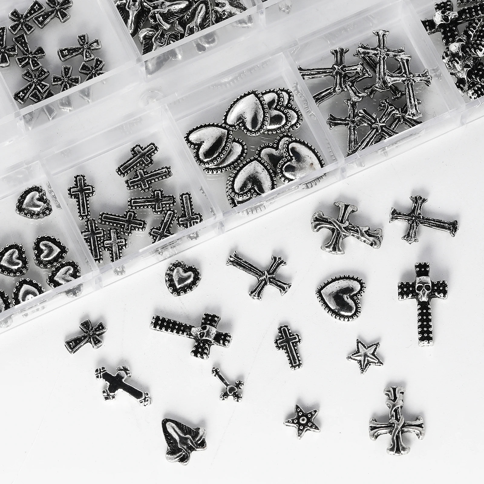 120 pcs / 1 box European American dark vintage style cross nail art patch y2k Premium Metal Style Heart Nail Metal Decorment Set
