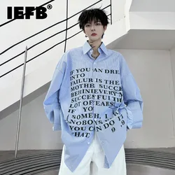 IEFB Loose Men Shirt Blue Stripe Letter Printed Long Sleeve For Niche Shirt Trendy Male Shirts 2024 Autumn Men's Top 9C7262