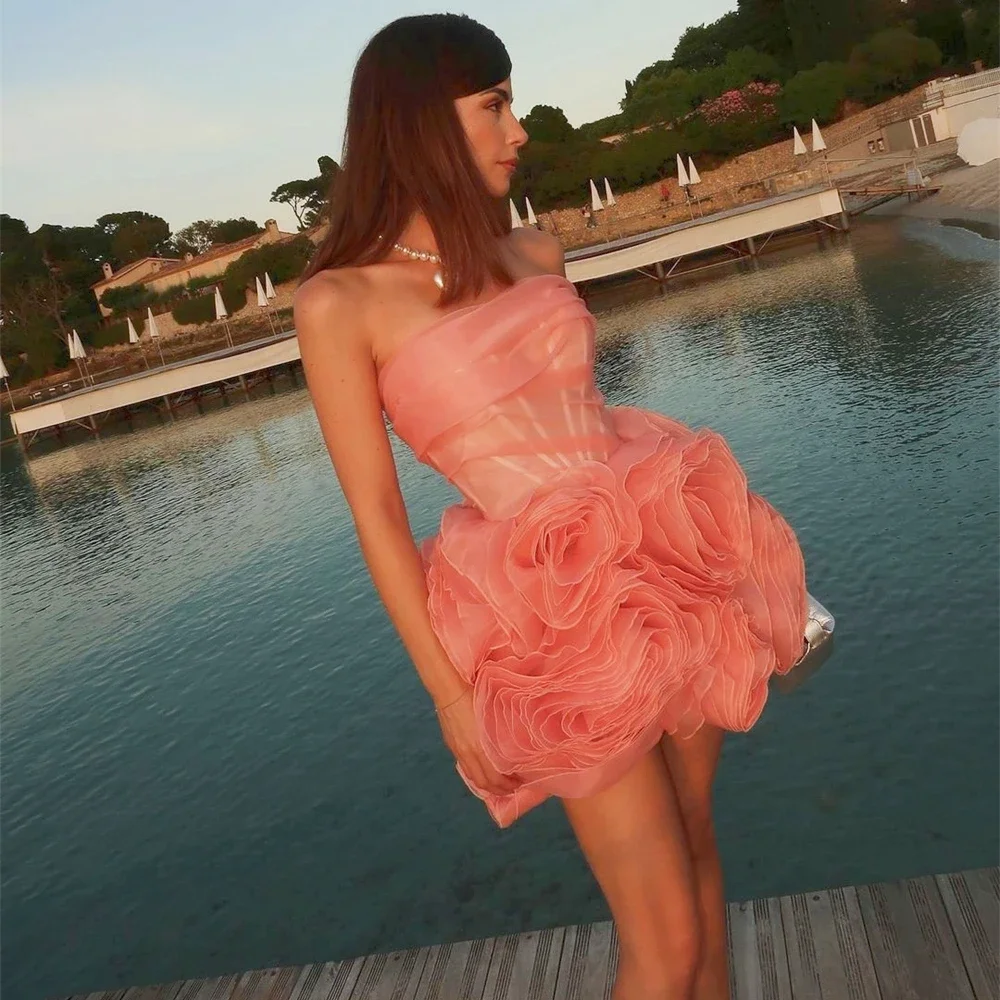 

Coctail Dresses Fashion Sexy One Strapless Mini Prom Dress Summer Sleeveles Flower Organza Formal Evening Gowns белое платье