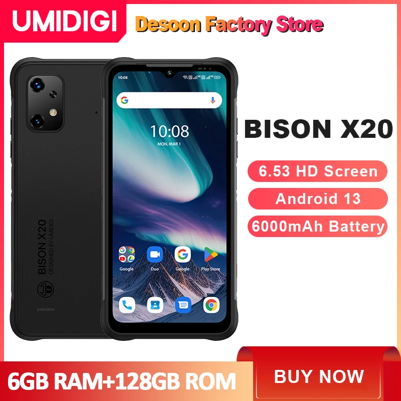 umidigi bison x20 celular android 13 robusto tela hd de 653 helio p60 octa core 6gb mais 128gb 6000mah bateria nfc 01