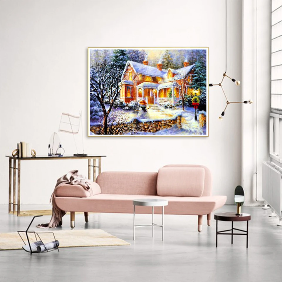 AB Diamond Painting 5D House Cross Stitch Kits Embroidery Winter Mosaic Hot Sale Landscape Rhinestones Drill DIY Wall Stickers