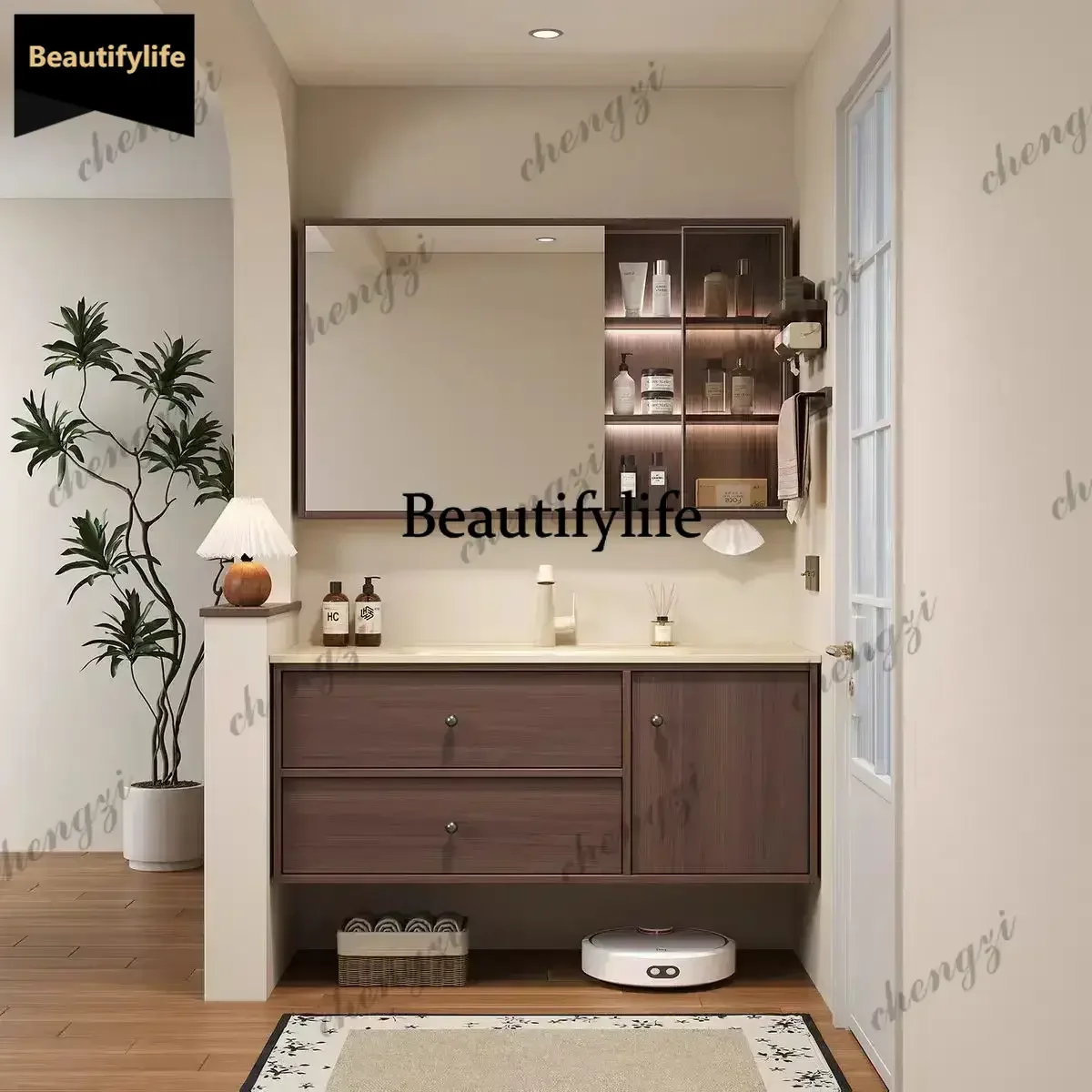 Used cream style solid wood bathroom cabinet combination skin feel ceramic all-in-one basin washbasin cabinet wash basin b567