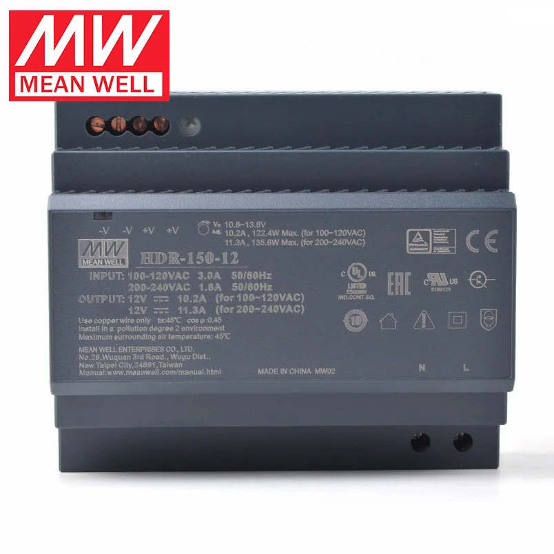 MEAN WELL HDR-150 Series HDR-150-12 HDR-150-15 HDR-150-24 HDR-150-48 Ultra Slim Step Shape DIN Rail