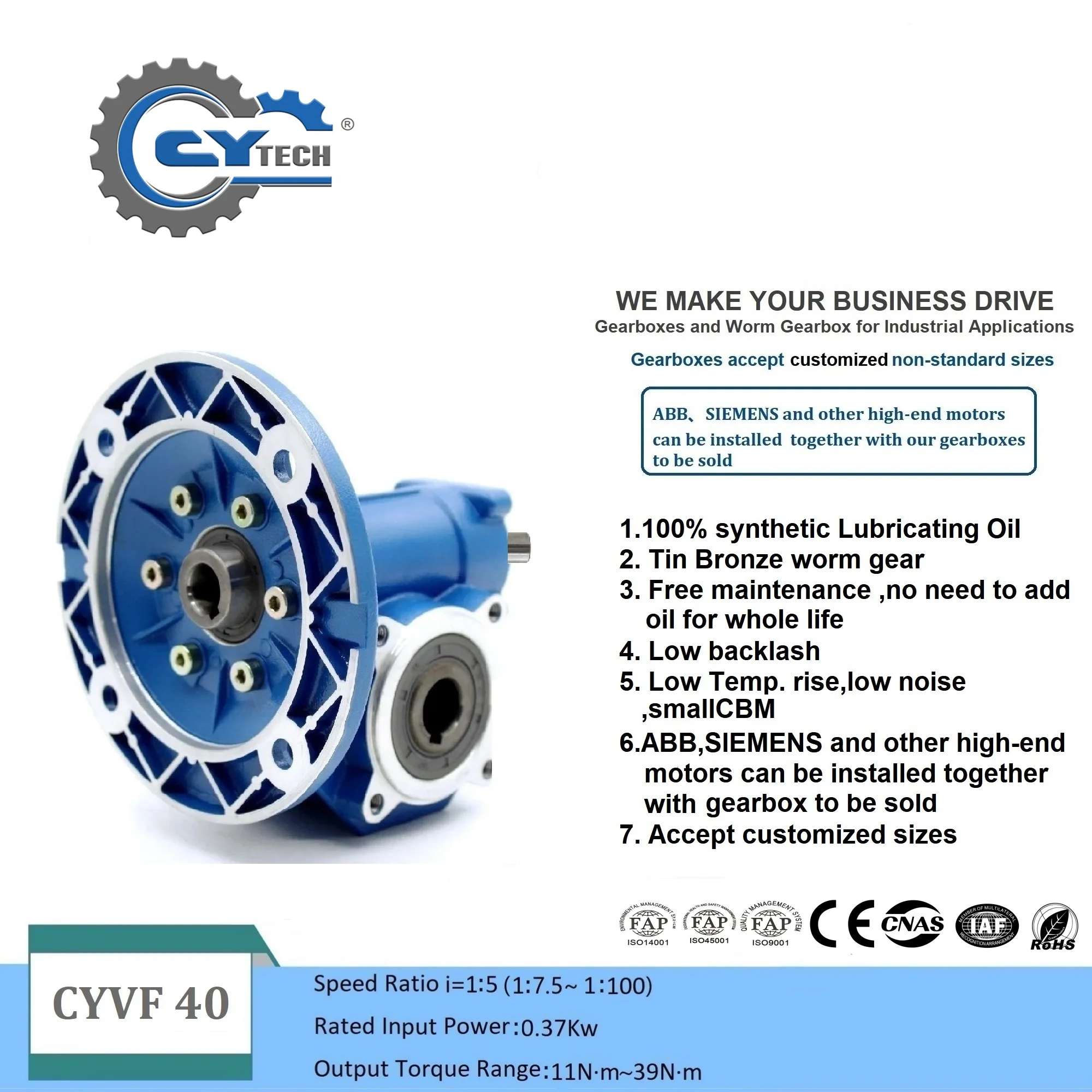 CHENYUE Worm Gearbox CYVF-VS 040 Gear reducer Input 9/11/14mm Output 18mm Ratio 5:1-100:1 Tin bronze  free-maintenance
