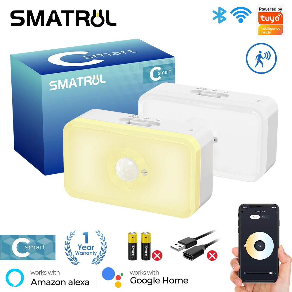 SMATRUL LED intelligent wireless WiFi human body induction Type-C plug-in warm white two-color night light voice remote control