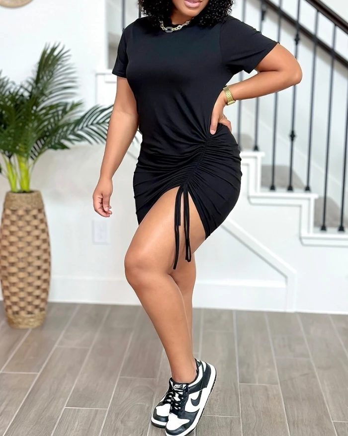 

Mini Dresses for Women 2024 Spring Summer Elegant Sexy Style Round Neck Short Sleeve Side Drawstring Party Vacation Dress
