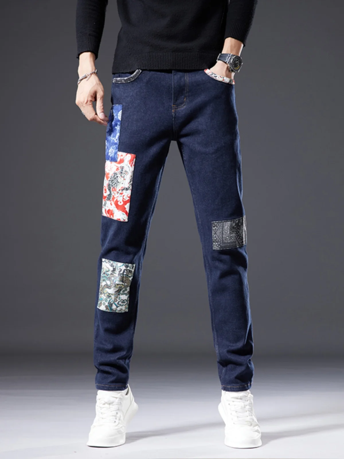 

High-End Deep Blue Printed Patchwork Men's Slim Fit Straight Leg Stretch Casual Long Jeans Cotton Elastic Denim Trousers
