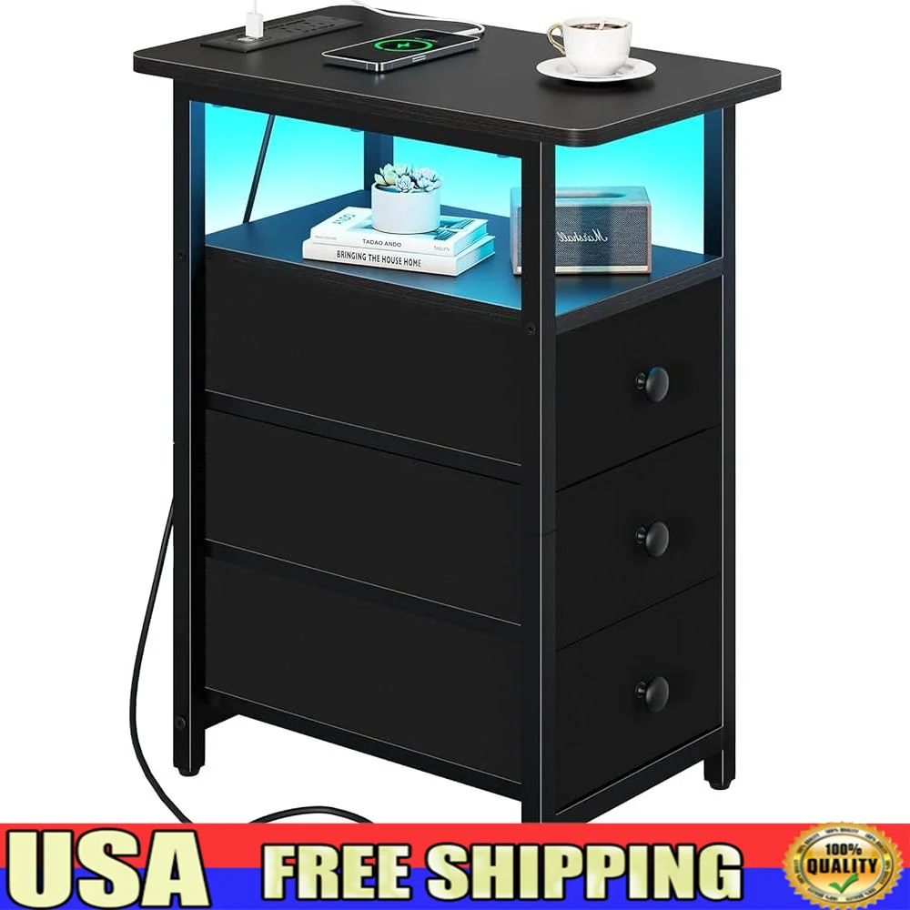 

End Table with Charging Station LED Night Stand Small Side Table Slim Fabric Drawers Storage Living Room Bedroom Modern Decor