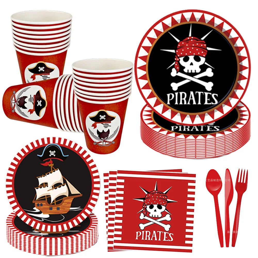 Pirate Party Supplies Pirate Skull Paper Plates Napkins Cups Skeleton Tableware Pirate Crossbone Birthday Party Decors for Boys