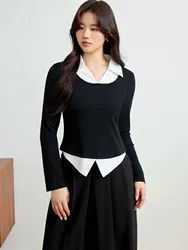 DUSHU【3 Colors】Women Spring Long Sleeve Tops Contrasting Color Female Commuter Black Knit Top Slim Long Sleeve T-Shirt 25DS81186