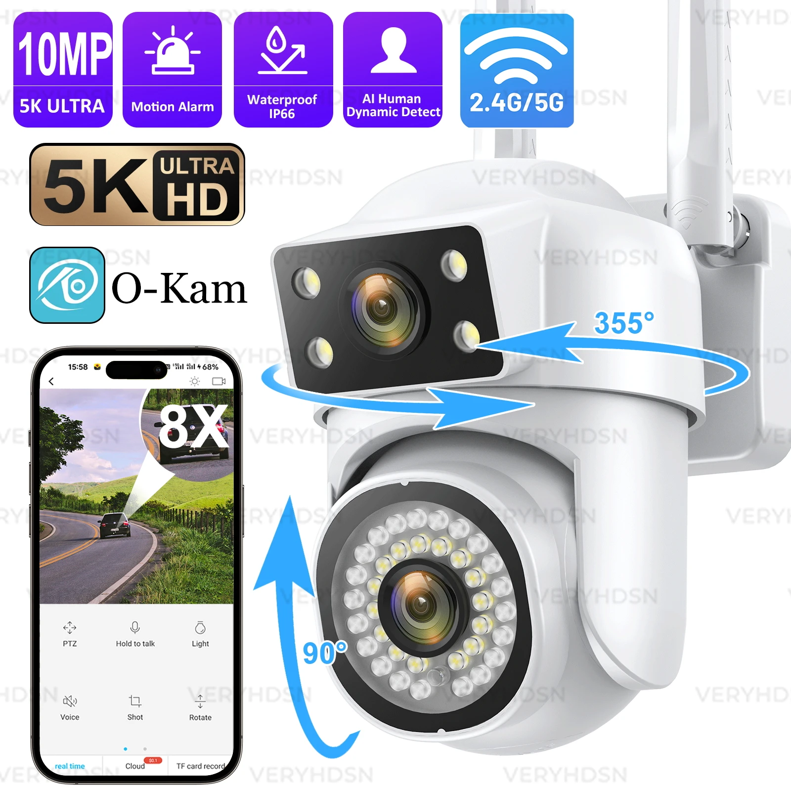 Nueva cámara Wifi PTZ de 10MP 5K lente Dual con pantalla Dual Ai detección humana seguimiento automático cámara de vigilancia en exterior O-KAM