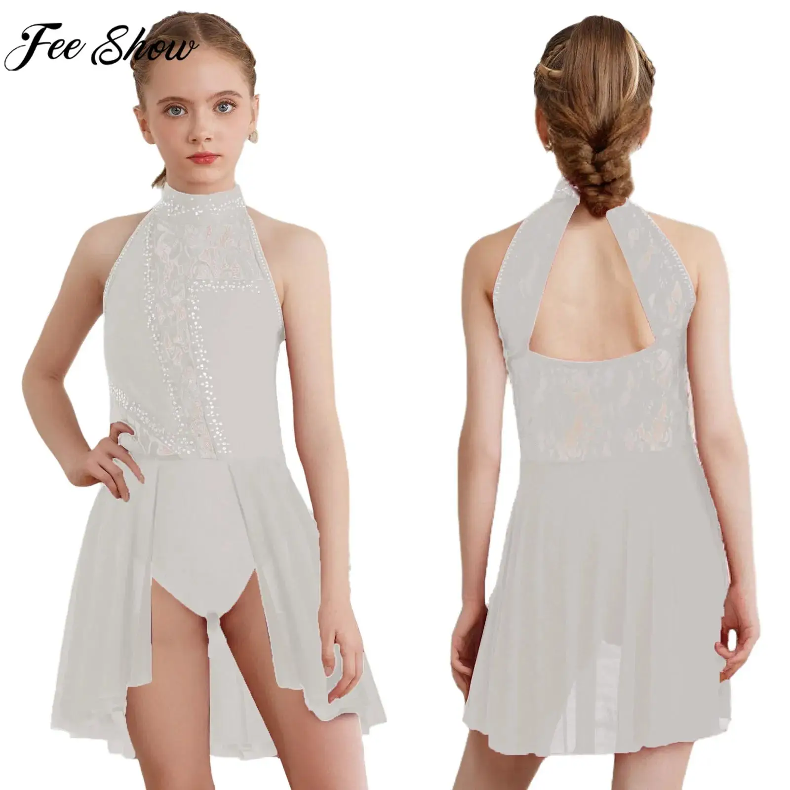 الفتيات الحديثة الغنائية ملابس رقص الجمباز فستان بلا أكمام الدانتيل الراين ارتداءها لشكل التزلج الباليه الجمباز البهلوانية