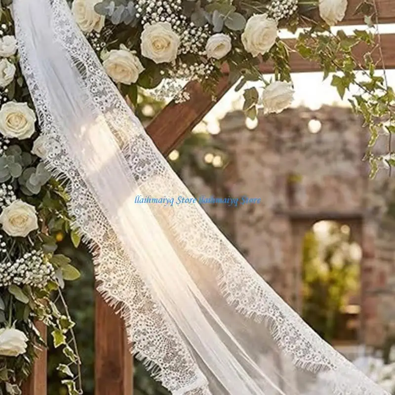 573B Elegant Lace Trim Tulle Stole Long Scarf Shawl Wrap For Bride Special Occasion