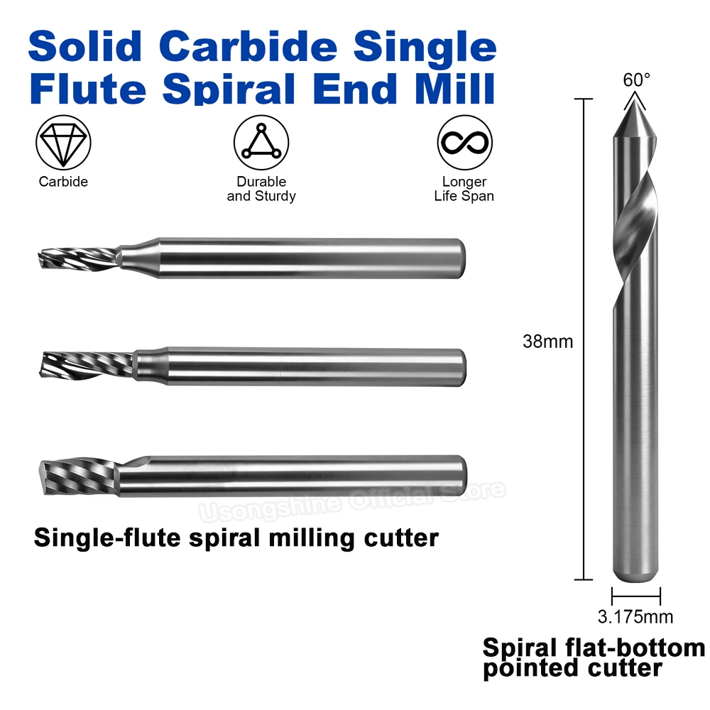 CNC Router Tools Single-Flute Spiral Flat-Bottom Pointed End Mill 3.175mm Single-Flute Spiral Milling Cutter Wood Engraving Bits