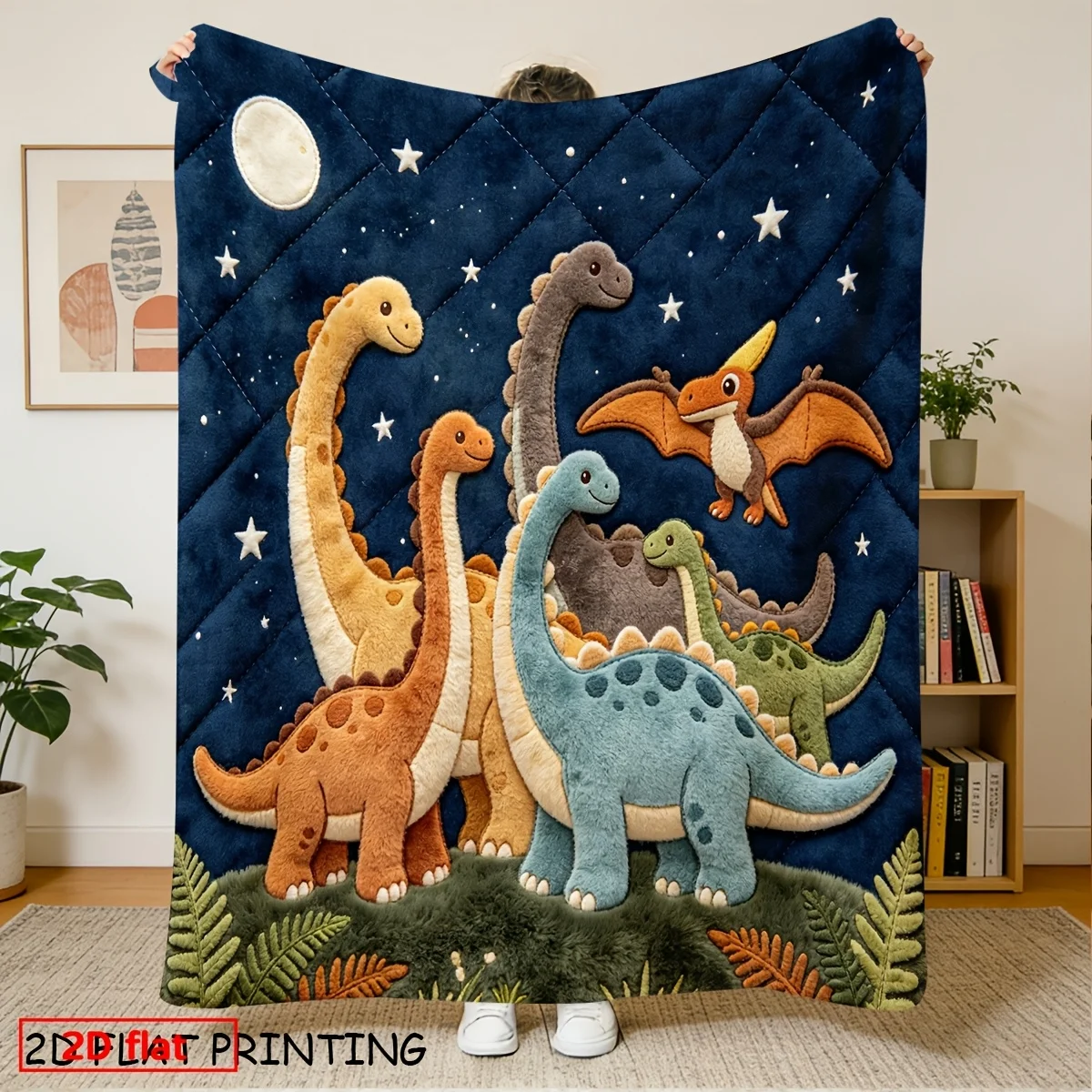 2D Flat Printed 1pc Flannel Flannel Navy Night Sky Plush Dinosaur Blanket, Brachiosaurus Pterodactyl Fern Leaf, AllSeason Soft A