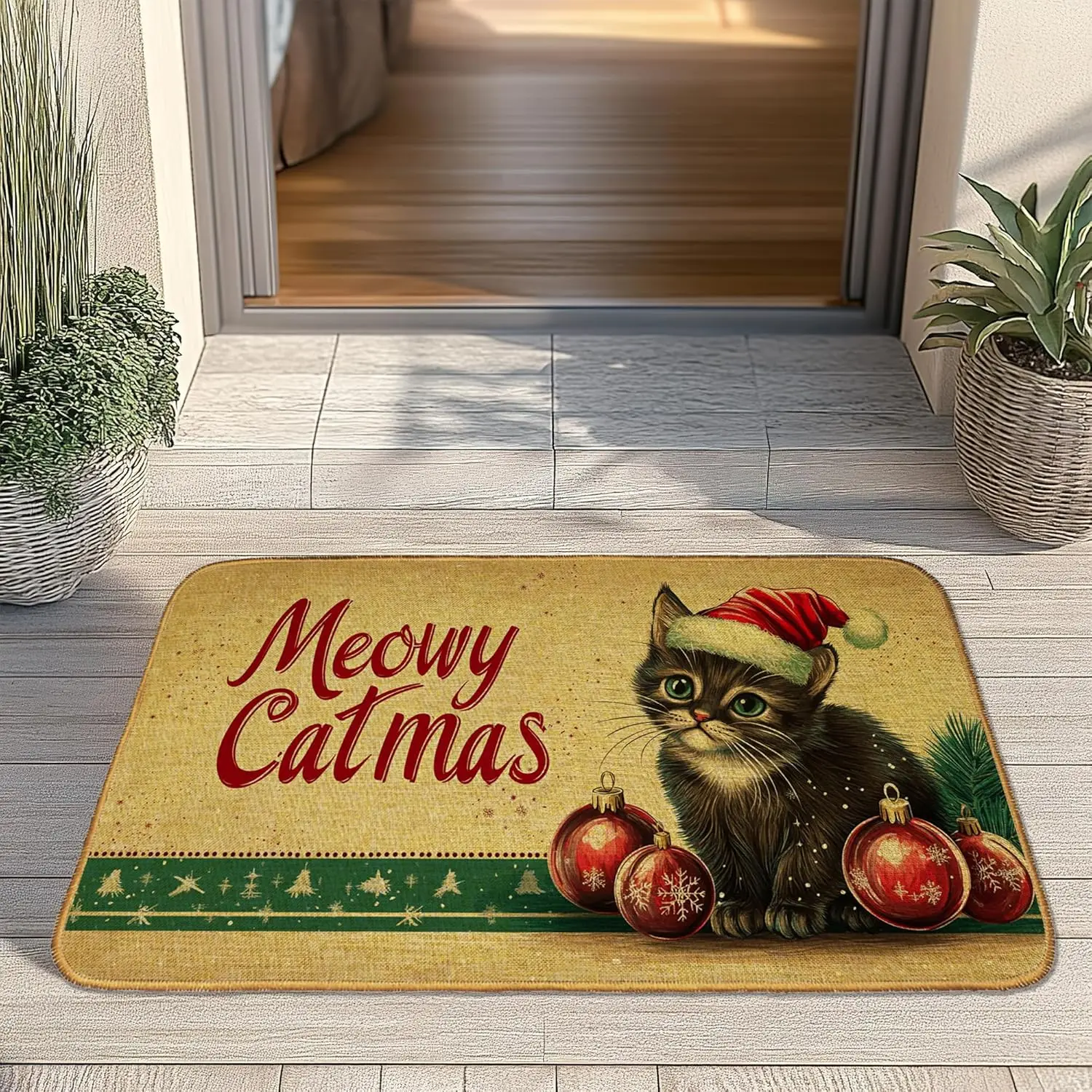 Christmas Fun Cat Welcome Door Mat, Non-Slip Front Doormat for Indoor Summer Porch Decor, Low Profile Entrance Rug for Home,